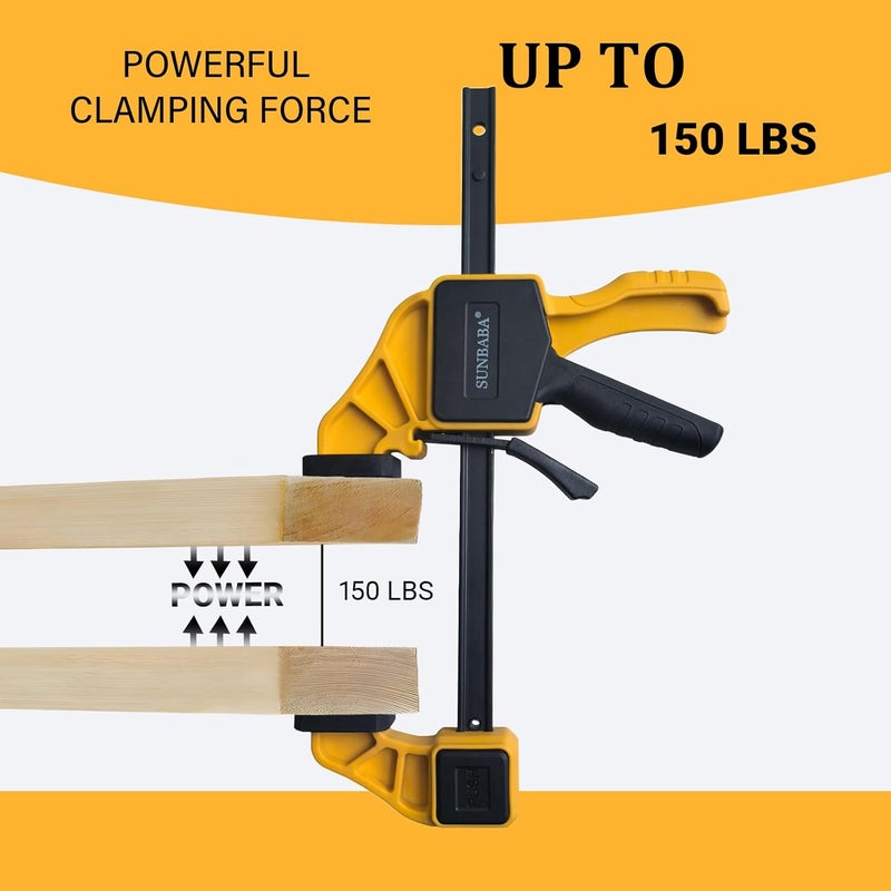 Sunbaba 6 Pack Clamps for Woodworking 12”(4)&6”(2) Light Duty One-Handed F Clamp/Spreader Bar Clamps Set 150LBS Load Limit with Quick Change Button - Image 3